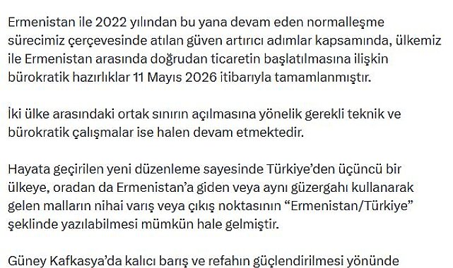 Dışişleri Bakanlığı: Ermenistan'la doğrudan ticarete ilişkin bürokratik hazırlıklar tamamlandı