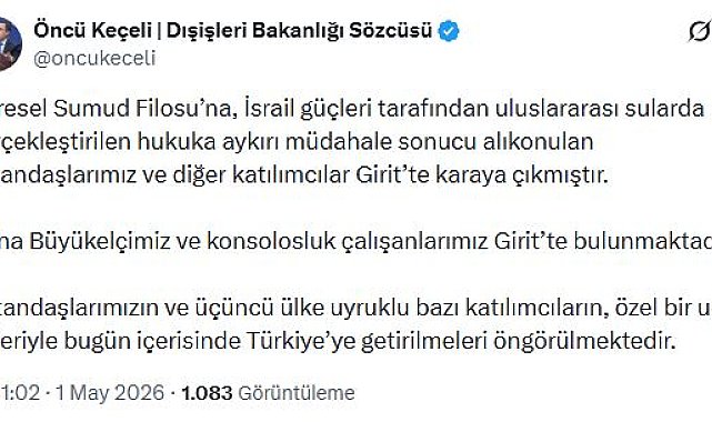 Dışişleri Bakanlığı: Sumud Filosu'nda alıkonulan vatandaşlarımız bugün yurda getirilecek