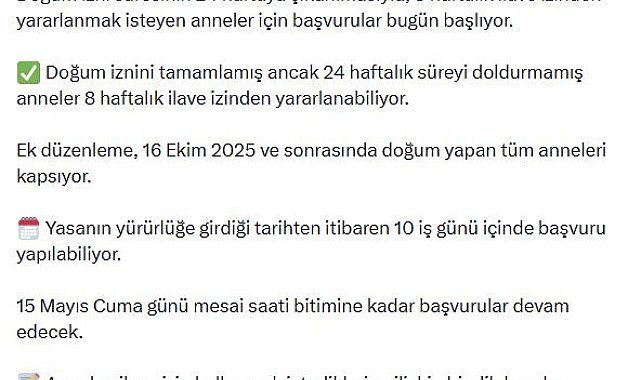 İlave doğum izni başvuruları bugün başlıyor