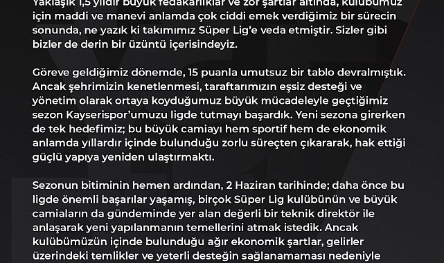 Kayserispor Başkanı Açıkalın: Kayserisporumuzun çok daha güçlü şekilde döneceğine inancımız tamdır