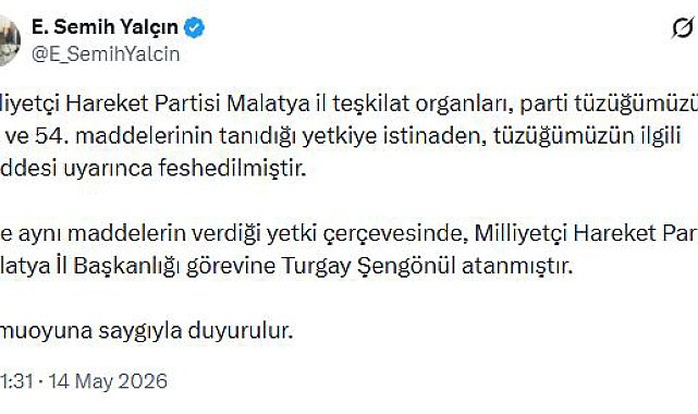 MHP'li Yalçın: MHP Malatya il teşkilatı feshedildi