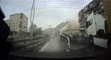 Otomobil, TIR ile tanker arasına sıkıştı; kaza kamerada
