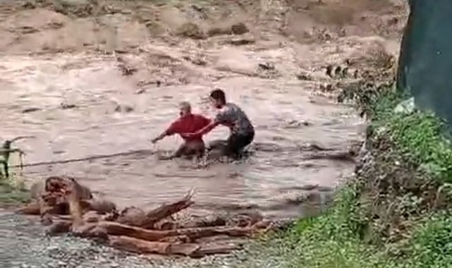 Selde sürüklenen kütükleri dere yatağından topladılar