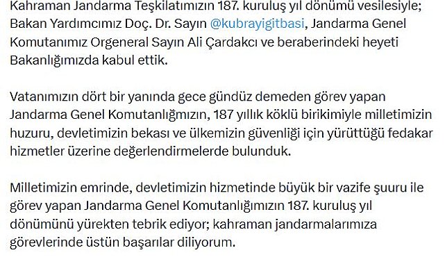 Bakan Çiftçi, jandarma heyetini kabul etti