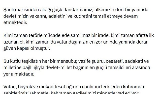 Bakan Çiftçi, Jandarma Teşkilatı'nın kuruluş yıl dönümünü kutladı