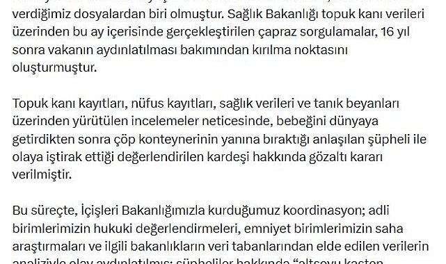 Bakan Gürlek: Bebeğini çöpe bıraktığı tespit edilen şüpheli ve kardeşi hakkında gözaltı kararı verildi