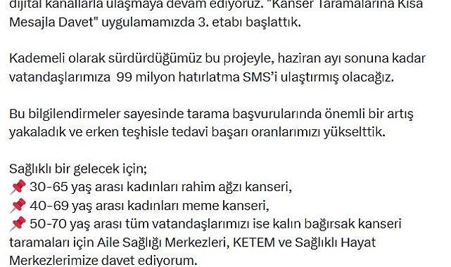 Bakan Memişoğlu: 'Kanser Taramalarına Kısa Mesajla Davet' uygulamasında 3'üncü etabı başlattık