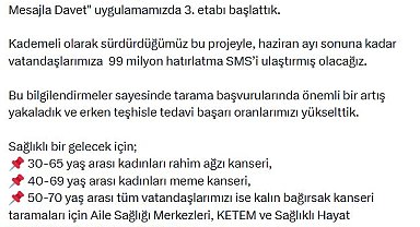 Bakan Memişoğlu: 'Kanser Taramalarına Kısa Mesajla Davet' uygulamasında 3'üncü etabı başlattık