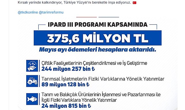 Bakan Yumaklı: IPARD 3 kapsamında 375,6 milyon TL hibe ödemesi gerçekleştirdik