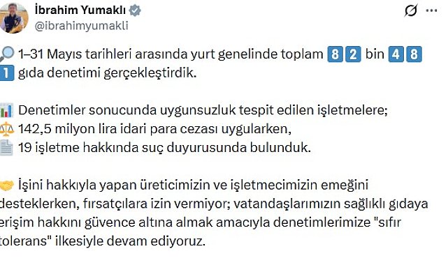 Bakan Yumaklı: Mayısta 82 bin 481 gıda denetimi gerçekleştirdik