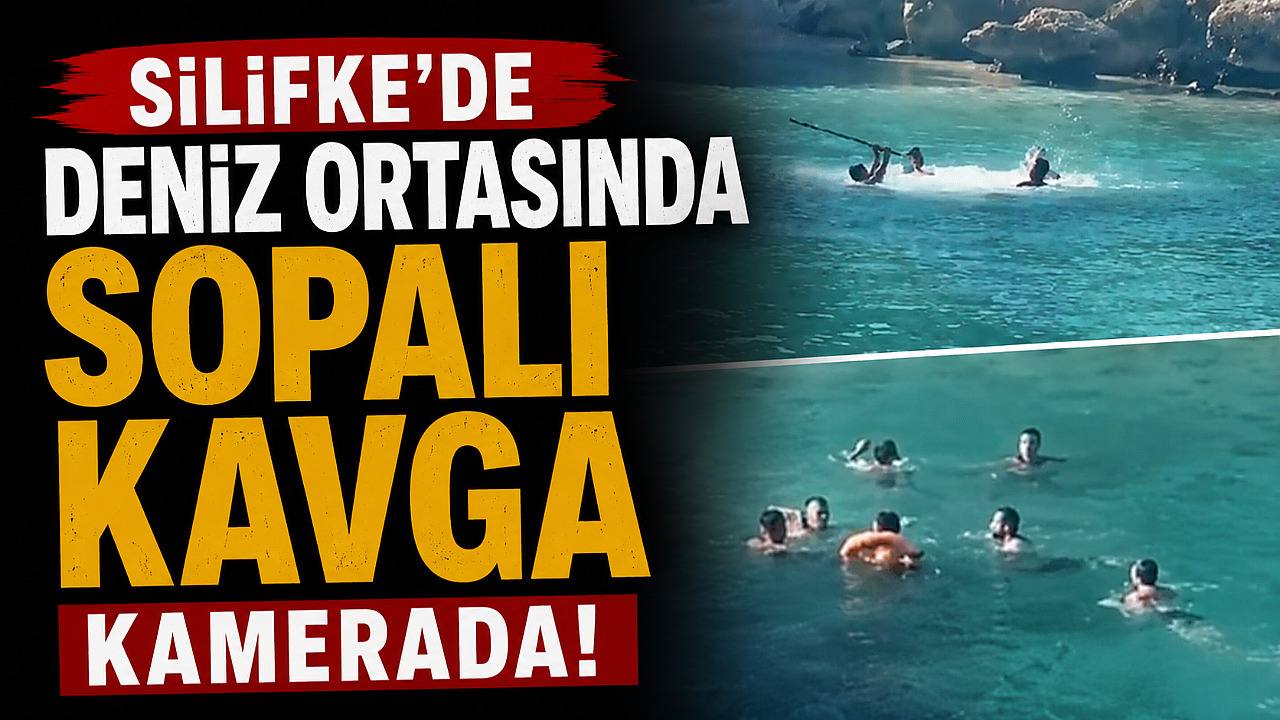 Silifke'de deniz ortasında sopalı kavga kamerada