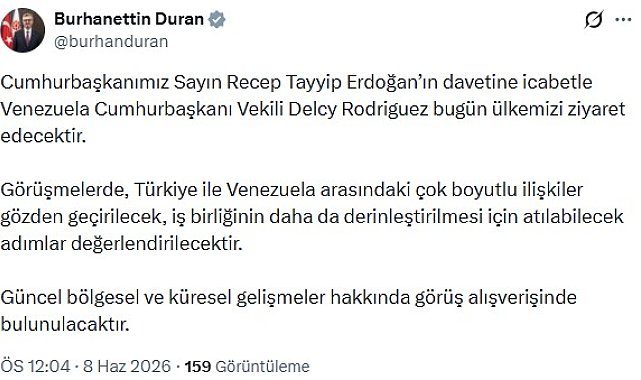 Venezuela Cumhurbaşkanı Vekili Rodriguez, Türkiye'ye geliyor