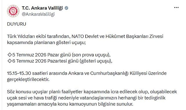 Ankara Valiliği'nden gösteri uçuşları öncesi 'ses' uyarısı