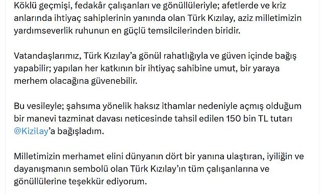 Bakan Gürlek, Türk Kızılay'a 150 bin lira bağışladı