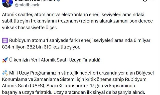 Bakan Kacır: Ülkemizin yerli atomik saati uzaya fırlatıldı