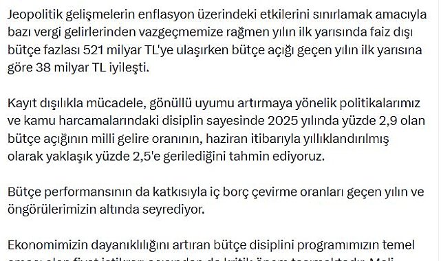 Bakan Şimşek: Bütçe açığı 38 milyar TL iyileşti