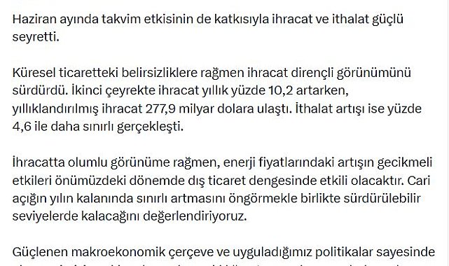 Bakan Şimşek: Cari açığın sürdürülebilir seviyelerde kalacağını değerlendiriyoruz