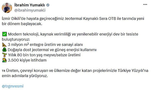 Bakan Yumaklı: Jeotermal Kaynaklı Sera OTB ile tarımda yeni bir dönem başlayacak