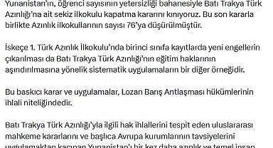 Bakanlık: Yunanistan'ın Batı Trakya Türk azınlığına ait 8 ilkokulu kapatma kararını kınıyoruz