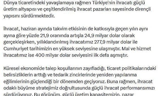Cevdet Yılmaz: Güçlü ihracat performansımızı sürdürüyoruz