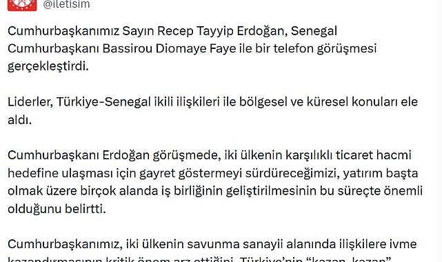 Cumhurbaşkanı Erdoğan, Senegal Cumhurbaşkanı Faye ile telefonda görüştü