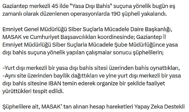 Gaziantep merkezli 45 ilde 'yasa dışı bahis' operasyonu; 190 gözaltı