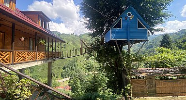 Rize'de iki kardeşin ağaç evine balkondan asma köprüyle ulaşım