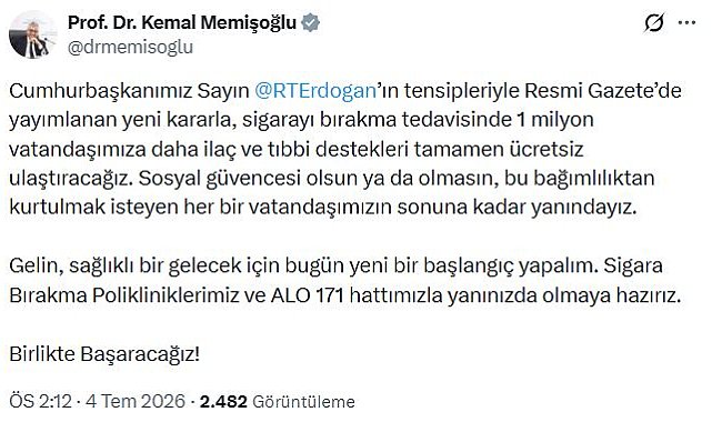 Sigarayı bırakma tedavisinde 1 milyon vatandaşa daha ücretsiz ilaç ve tıbbi destek sağlanacak
