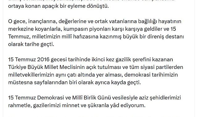TBMM Başkanı Kurtulmuş'tan '15 Temmuz' mesajı