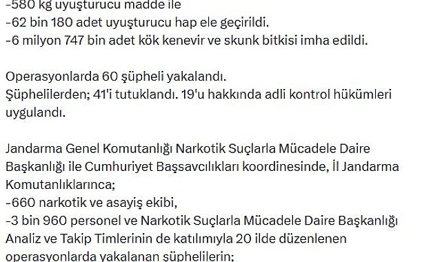 20 ilde uyuşturucu operasyonu; 41 tutuklama