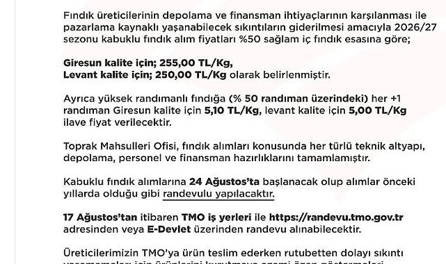 2026-2027 dönemi fındık alım fiyatları açıklandı
