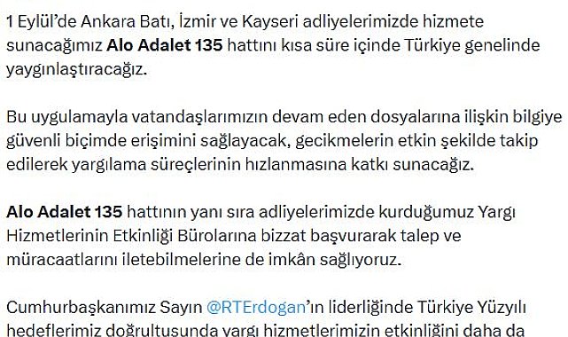 Adalet Bakanı Gürlek: 'Alo Adalet 135' hattını kısa süre içinde Türkiye genelinde yaygınlaştıracağız