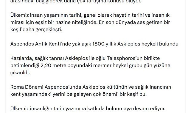 AK Parti'li Çelik'ten Aspendos'ta bulunan 'Asklepios' heykeline ilişkin paylaşım