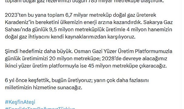 Bakan Bayraktar: Karadeniz'deki toplam doğal gaz rezervimizi 785 milyar metreküpe ulaştırdık