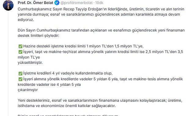 Bakan Bolat: Esnaf desteklerimiz ekonomimize önemli katkı sağlayacak