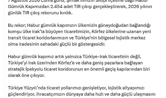 Bakan Bolat: Habur Gümrük Kapımızda 2026'nın günlük TIR çıkış rekorunu kırdık