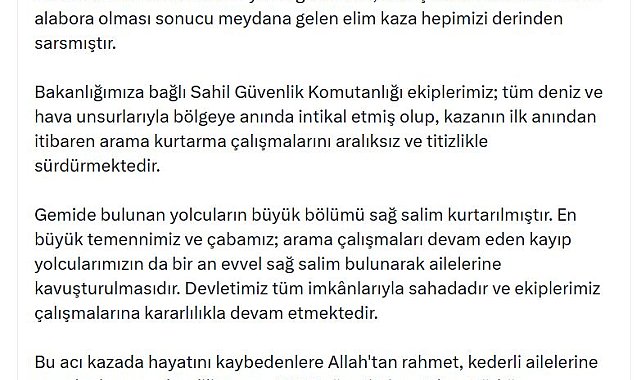 Bakan Çiftçi: En büyük çabamız; kayıp yolcularımızın bir an evvel sağ salim bulunması