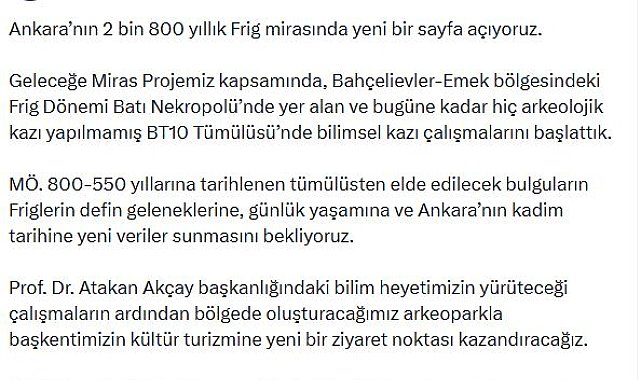 Bakan Ersoy: Ankara'nın 2 bin 800 yıllık Frig mirasında yeni bir sayfa açıyoruz