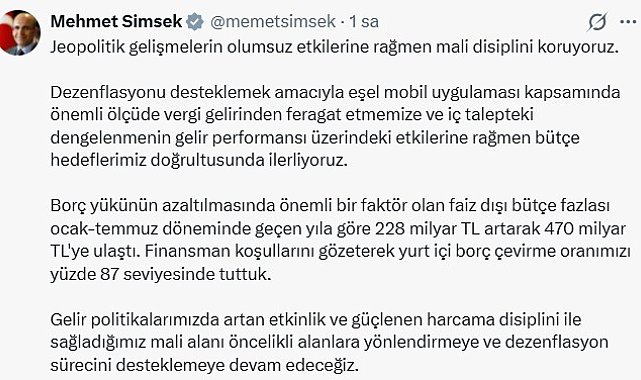 Bakan Şimşek: Dezenflasyon sürecini desteklemeye devam edeceğiz