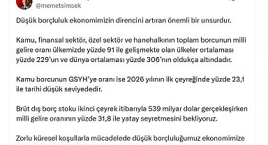 Bakan Şimşek: Kamu borcunun GSYH'ye oranı yüzde 23,1 ile tarihi düşük seviyede