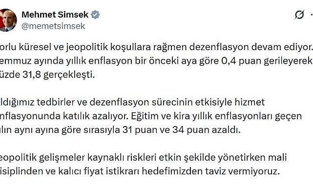 Bakan Şimşek: Zorlu koşullara rağmen dezenflasyon devam ediyor