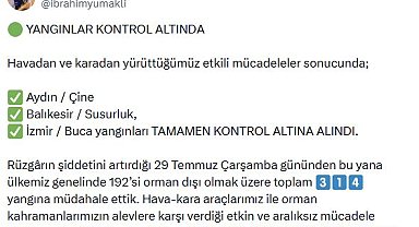 Bakan Yumaklı: Buca, Çine ve Susurluk'taki orman yangınları kontrol altında