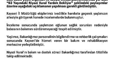Bakanlık: Niyazi Vural'ın bakım ve destek süreci Bakanlığımız tarafından titizlikle takip edilmekte