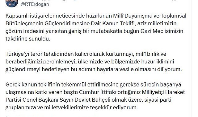 Cumhurbaşkanı Erdoğan: Milli birliğimizi perçinlemeyi hedefleyen bu adımın hayırlara vesile olmasını diliyorum