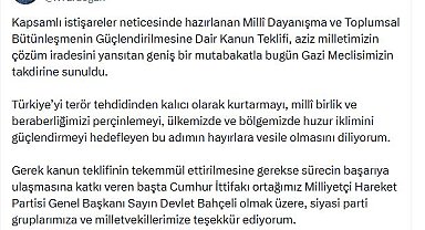 Cumhurbaşkanı Erdoğan: Milli birliğimizi perçinlemeyi hedefleyen bu adımın hayırlara vesile olmasını diliyorum