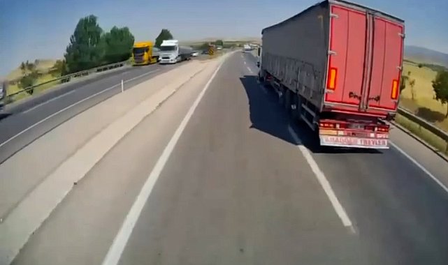 Freni boşalan TIR'ın karşı yöne geçtiği anlar kamerada