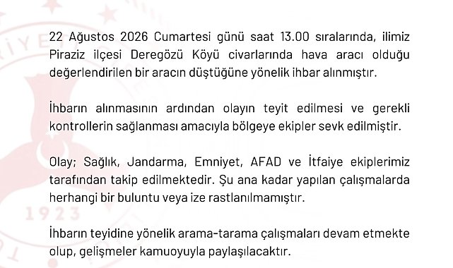 Giresun'da hava aracı düştüğü ihbarı