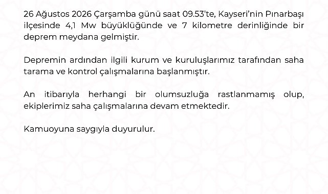 Kayseri'de 4.1 büyüklüğünde deprem