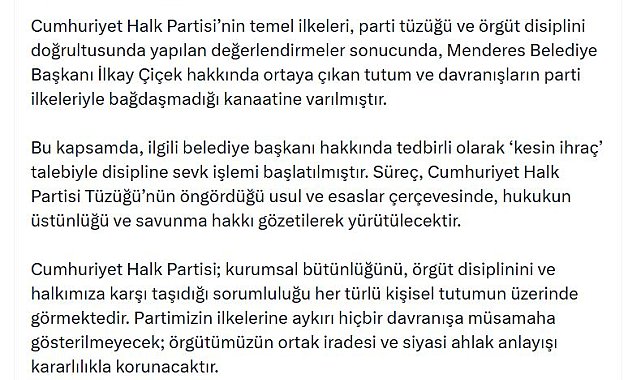 Menderes Belediye Başkanı Çiçek, CHP'den kesin ihraç talebiyle disipline sevk edildi