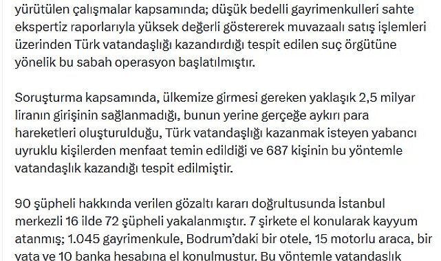 Sahte ekspertiz raporuyla gayrimenkul satışı yapan suç örgütüne operasyon; 72 gözaltı
